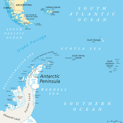 Antarctic Peninsula area, political map. From southern Patagonia and Falkland Islands, to South Georgia and the South Sandwich Islands, South Orkney islands, and Drake Passage, to Antarctic Peninsula.