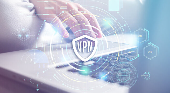 Secure VPN, Virtual private network. Internet connection privacy concept. Modern laptop and user hand close-up view photo