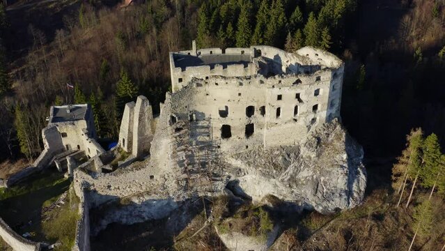 Ruined Fortress On Hilltop With Castle Likava (Hrad Likava) In Liptov, Slovakia. Aerial Drone Shot