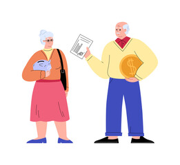 Older people receive pension fund money, flat vector illustration isolated.