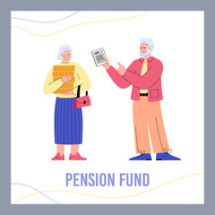 Pension fund banner or promo flyer with cute grandparents vector illustration.