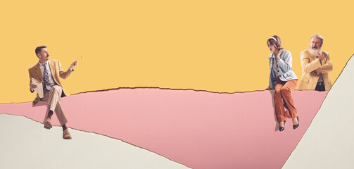 Contemporary art collage of man sitting on edge of a torn sheet of paper talking with young woman and old man isolated over pink background