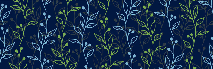 Berry bush twigs organic vector seamless background. Vintage floral textile print. Grass plants foliage and buds wallpaper. Berry bush sprigs summer repeating design