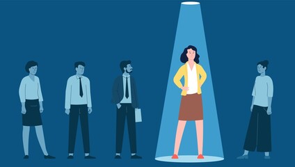 Talented businesswoman. Recruit talent woman, select candidate. Individual employee in spotlight light. Crowd and person recent vector concept