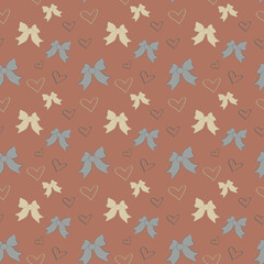 Vector bow and heart pattern on brown background. Seamless pattern.