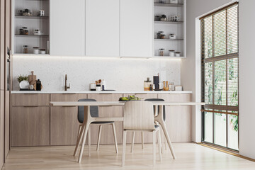 Modern kitchen interior with wooden and white cabinets, dinning table and kitchenware, 3d render