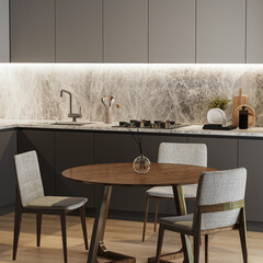 Dinning area with table in kitchen interior, 3d rendering