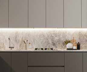 kitchen cabinets in gray color, modern kitchen interior, 3d render