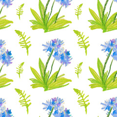 Seamless garden pattern drawn in wax crayons on white background. Textured, floral oil pastel print in child's doodle style. Designs for textiles, social media, wrapping paper, packaging, printing.