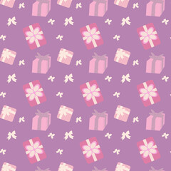 Vector pattern gift boxes on a purple background. Seamless pattern.