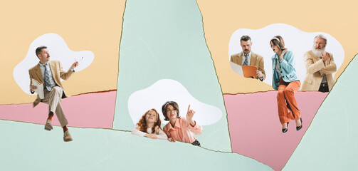 Contemporary art collage of man sitting on edge of a torn sheet of paper talking with young woman and old man isolated over pink background