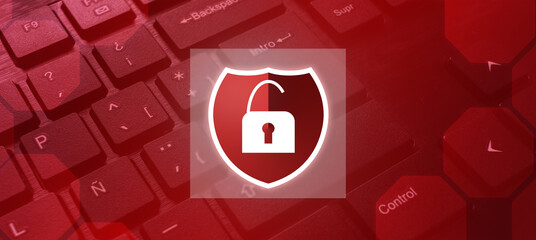 Keyboard background with red lights and security shield attacked. Internet of things. Cyber...