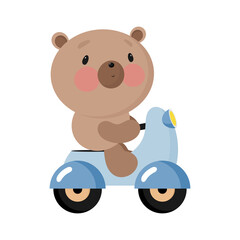 Cute Bear on the Scooter. Vector illustration in cartoon style. For card, posters, banners, books, printing on the pack, printing on clothes, fabric, wallpaper, textile or dishes.