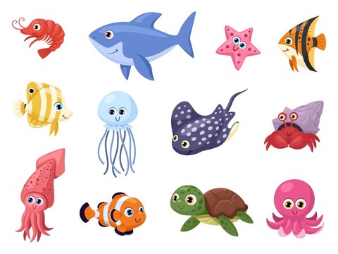 Sea life. Swimming ocean animal, stingray and shark. Cute cartoon octopus and turtle, funny aquarium fish. Marine garish vector characters set