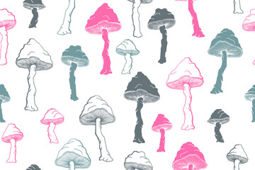 Amanita choky inedible mushrooms seamless pattern vector illustration.