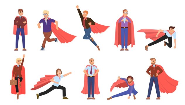 Business superhero. Heroes in office suits, businessman wear red super cape. Leader characters, isolated cartoon person fly to goal decent vector set