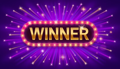 Winner banner. Lucky lottery, big win concept. Lighting frame with lights, celebration with prize in game. Sign board show and stars, exact vector background