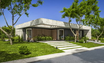 3d rendering of new concrete house in modern style with pool and parking for sale or rent and beautiful landscaping on background. The house has only one floor. Summer sunny day with clear blue sky.