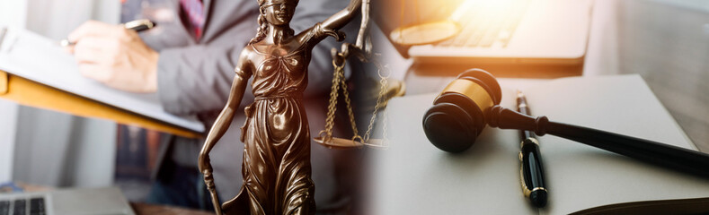 Judge's gavel, scales, lady of justice and hourglass. Law and justice concept