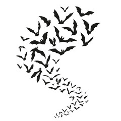 Halloween flying bats. Black bat fly, isolated silhouettes of vampire symbols. Evil scary horror flock, gothic decoration for wall or tidy cut stencil vector design