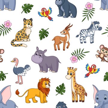Cartoon jungle animal print. Lion, elephant and zebra. Kids wild zoo characters, safari leopard and horilla. Art cute children exotic garish vector seamless pattern
