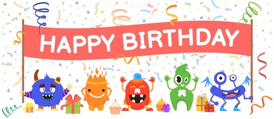 Fototapeta premium Monsters birthday banner. Happy kids party, cartoon monster congratulation. Funny characters, confetti and gift box. Cute decent vector background