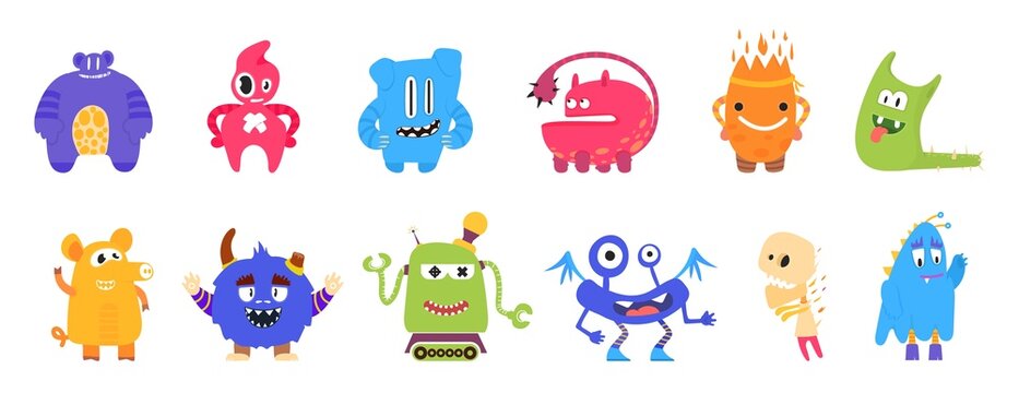Cartoon kids monster. Fun creatures, monsters toys for children. Silly characters, funny crazy isolated aliens. Scary comic decent friends smile, vector elements