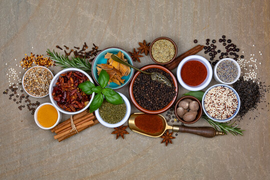 Spices and Herbs used to add flavor and seasoning to cooking.