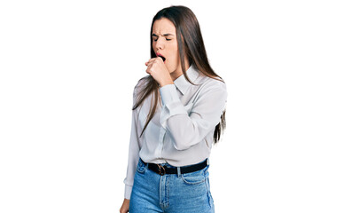 Young brunette teenager wearing business white shirt feeling unwell and coughing as symptom for...