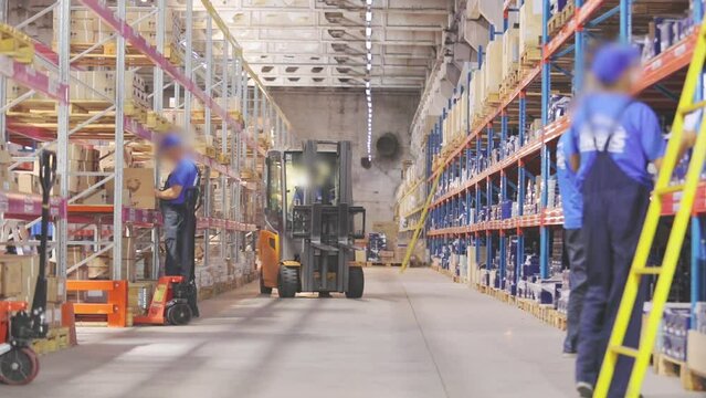 People work in a warehouse. Active work in the warehouse. Factory warehouse workflow