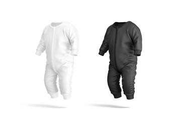 Blank black and white baby zip-up sleepsuit mockup, side view
