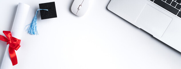 Online learning and remote graduation ceremony commencement design concept.