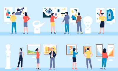 People in museum. Person looking exhibition in art gallery, cultural tour. Artist painting exposition, tourism and excursion. Visitors recent vector scenes