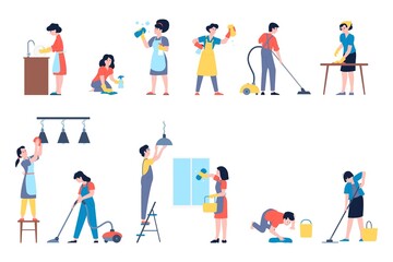 Fototapeta na wymiar Cleaning characters. People house working, clean and vacuum, wash dish and floor. Working at home, housewife and man housekeeping recent vector set