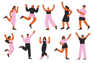 Dancing people set. Positive activity characters, trendy style fashion men and women. Happy teens and adults dance, isolated swanky vector persons