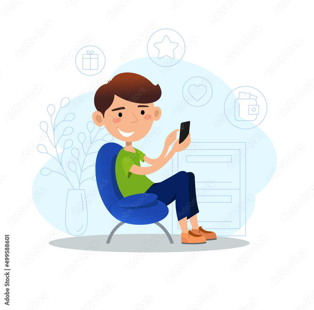 Wall mural man sitting on chair with a smartphone using social media applications. vector illustration for web,