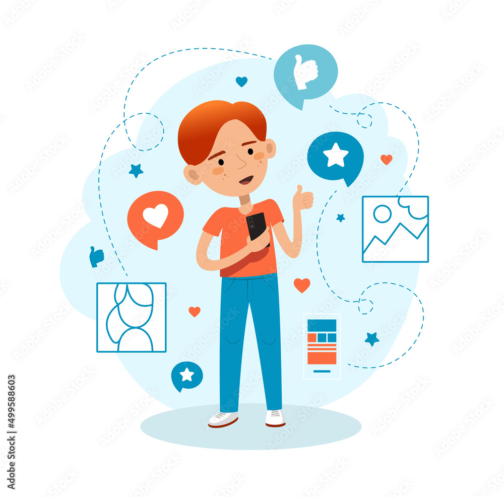 Wall mural man with a smartphone using social media applications. vector illustration for web, mobile applicati