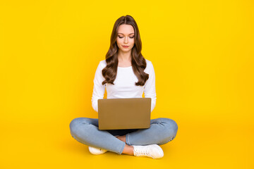 Naklejka premium Photo of cute pretty lady dressed white shirt sitting legs crossed typing modern device isolated yellow color background