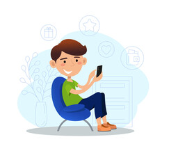 Fototapeta na wymiar Man sitting on chair with a smartphone using social media applications. Vector illustration for web, mobile applications and print