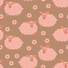 Cute pink sheep and flowers hand drawn vector illustration. Funny baby character in flat style. Animal seamless pattern for kids fabric.