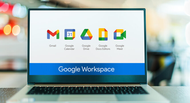 Laptop computer displaying logo of Google Workspace
