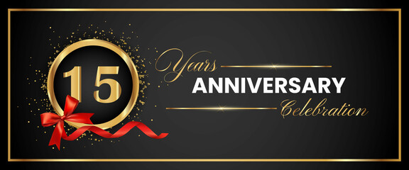 15 Years Anniversary Celebration Gold and Black Color Vector. anniversary celebration logotype with elegant modern number gold color for celebration, gold anniversary celebration, bow, ribbon, luxury.
