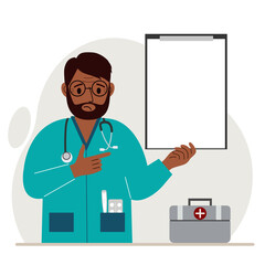 Sad man doctor holding a file with blank paper for text. Vector