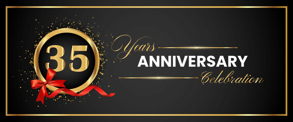 35 Years Anniversary Celebration Gold and Black Color Vector. anniversary celebration logotype with elegant modern number gold color for celebration, gold anniversary celebration, bow, ribbon, luxury.