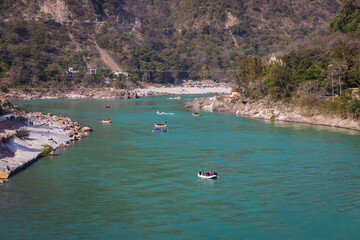 raft boat many at the middle of ganges river from top angle