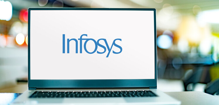 Laptop computer displaying logo of Infosys
