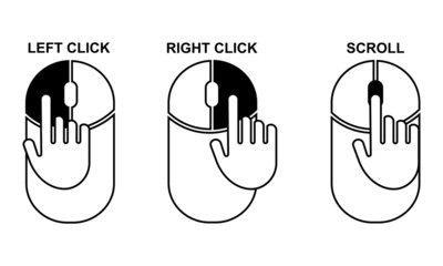 Mouse click on left, right and scroll wheel button. Instruction using for mouse. Vector set.