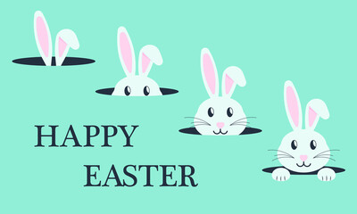White easter rabbit on green background. Happy Easter bunny. Fun rabbit hiding in a hole. Vector illustration.