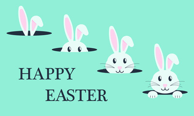 Fototapeta premium White easter rabbit on green background. Happy Easter bunny. Fun rabbit hiding in a hole. Vector illustration.