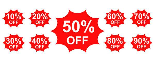 Red sale tag with discount. Set of discount sale badge from 10 to 90 percent. Stickers  special offer tag for product.